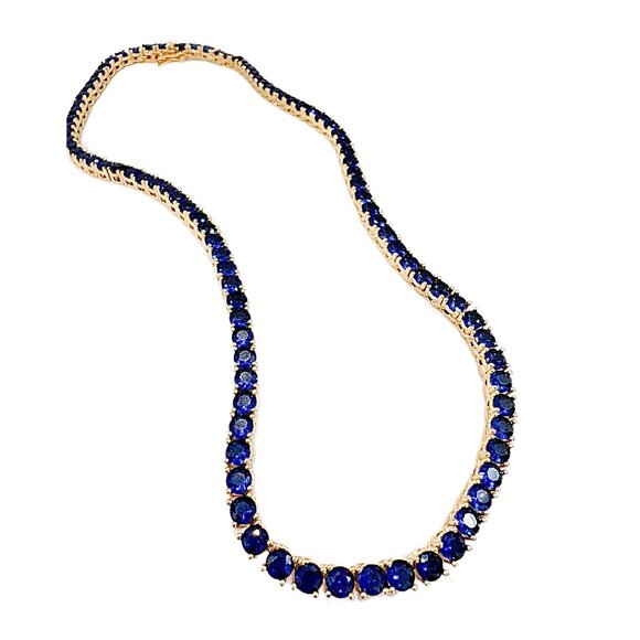 Dazzling Lab Created Blue Sapphire Diamondettes 18K Gold Plated Tennis Necklace - Picture 7 of 7